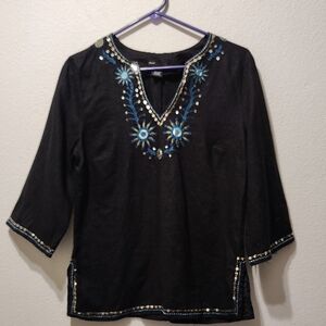 Grace Black Tunic with‎ 3/4 Sleeves and Embellished Details